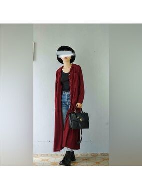 Long Burgundy Button-Front Duster Coat Eddie Bauer